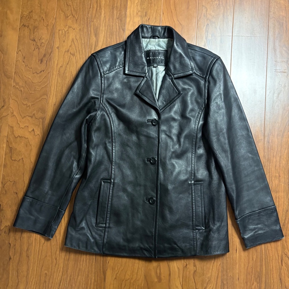 VTG Gallery Womens Black Genuine Leather Blazer Jacket Size Large 3 Button Coat